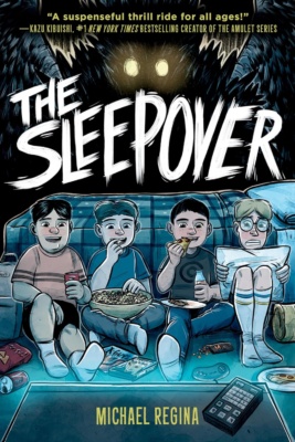 The Sleepover -sarjakuvan kannessa on piirros neljästä lapsesta television äärellä.