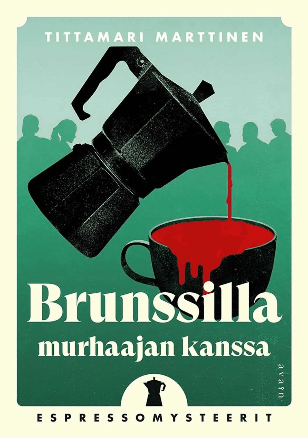 Brunssilla murhaajan kanssa -kirjan kannessa on piirros mutteripannusta, josta kaadetaan verta ylitsevuotavaan kahvikuppiin.
