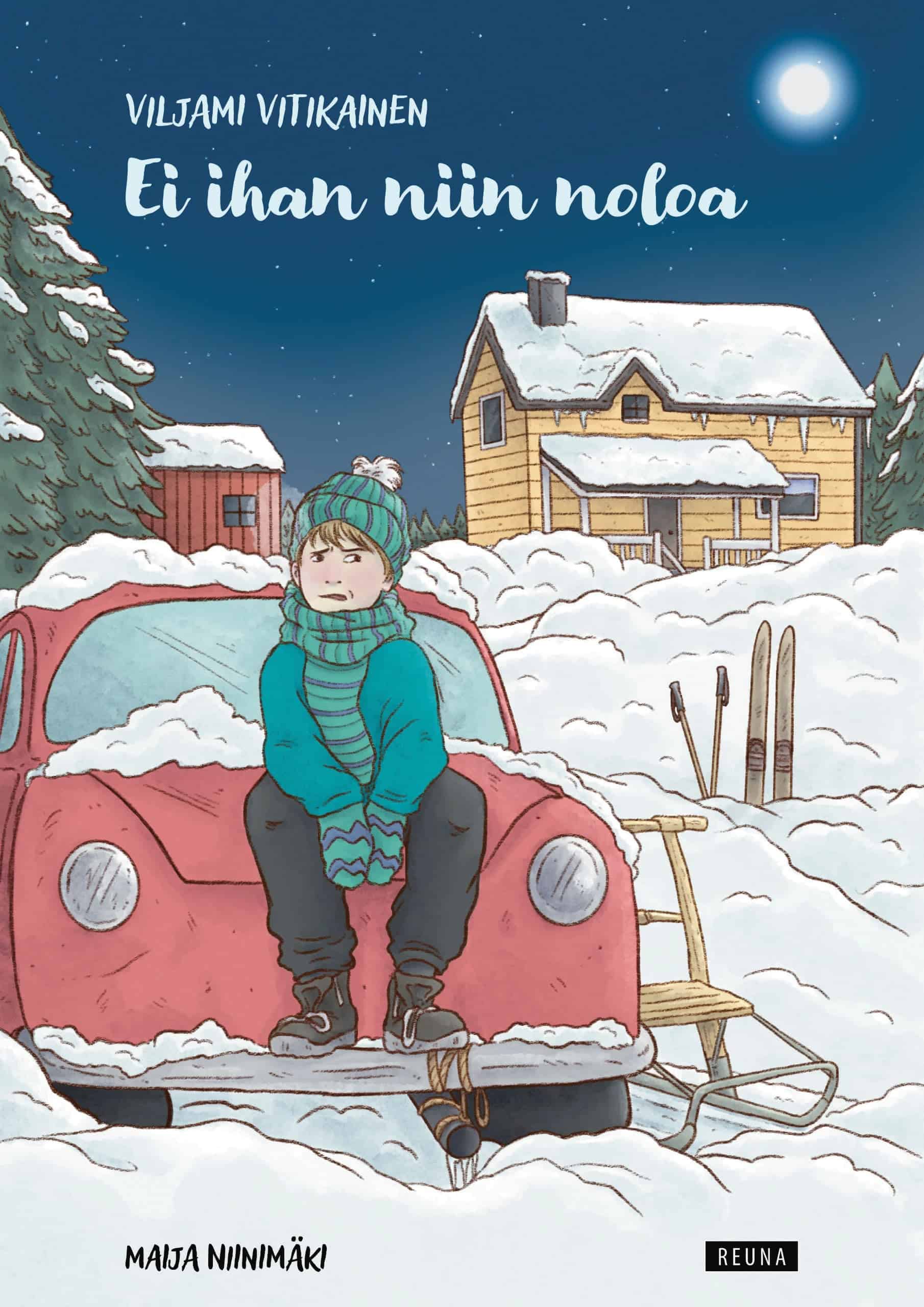 Ei ihan niin noloa -kirjan kannessa on piirros auton konepellillä istuvasta pojasta. On pimeä talvi-ilta, kaikkialla on paljon lunta ja auton vieressä on potkukelkka ja hangessa pystyssä sukset ja sauvat. Taustalla on vanha puutalo, jonka katto on lumen peittämä.