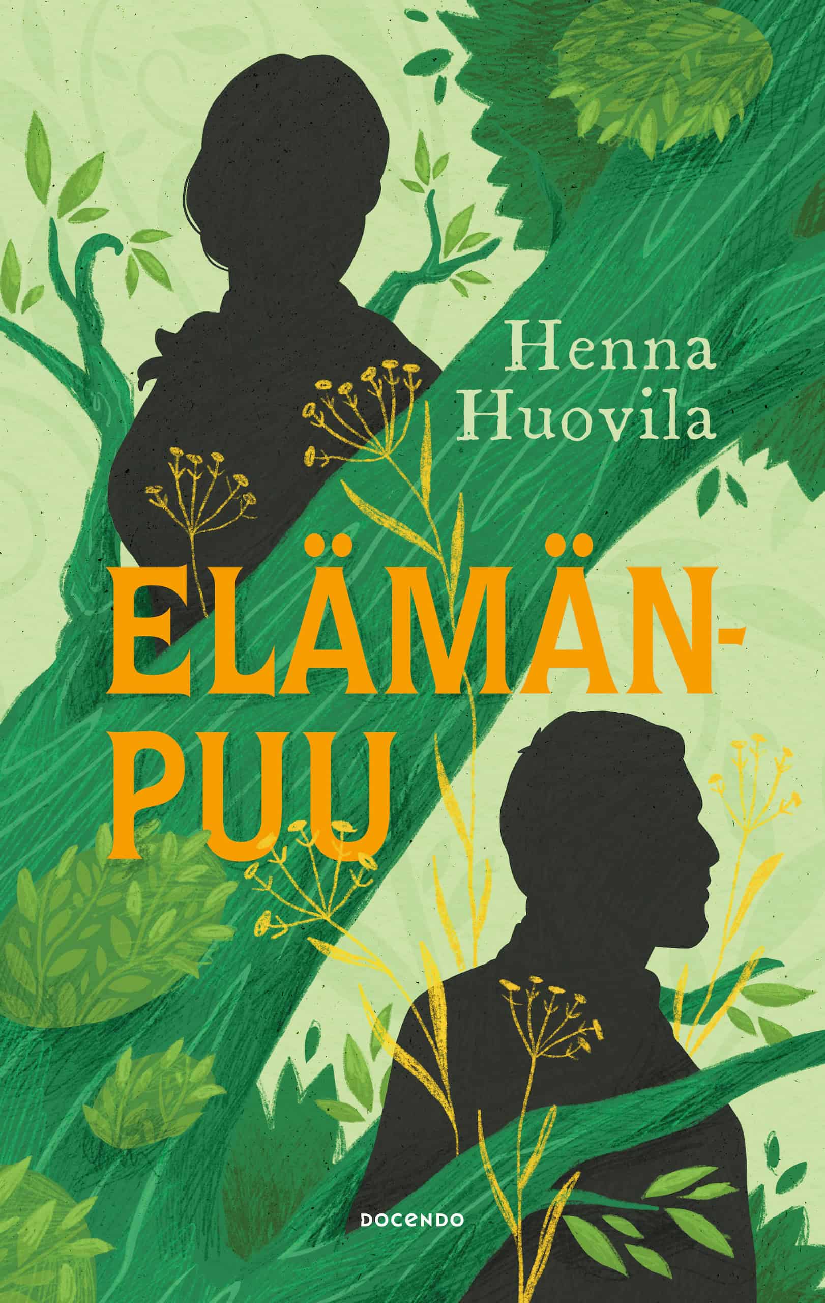 Elämänpuun kannessa on vehreä piirros vihreästä puun rungosta, joka alapuolella on miehen siluetti ja yläpuolella naisen.