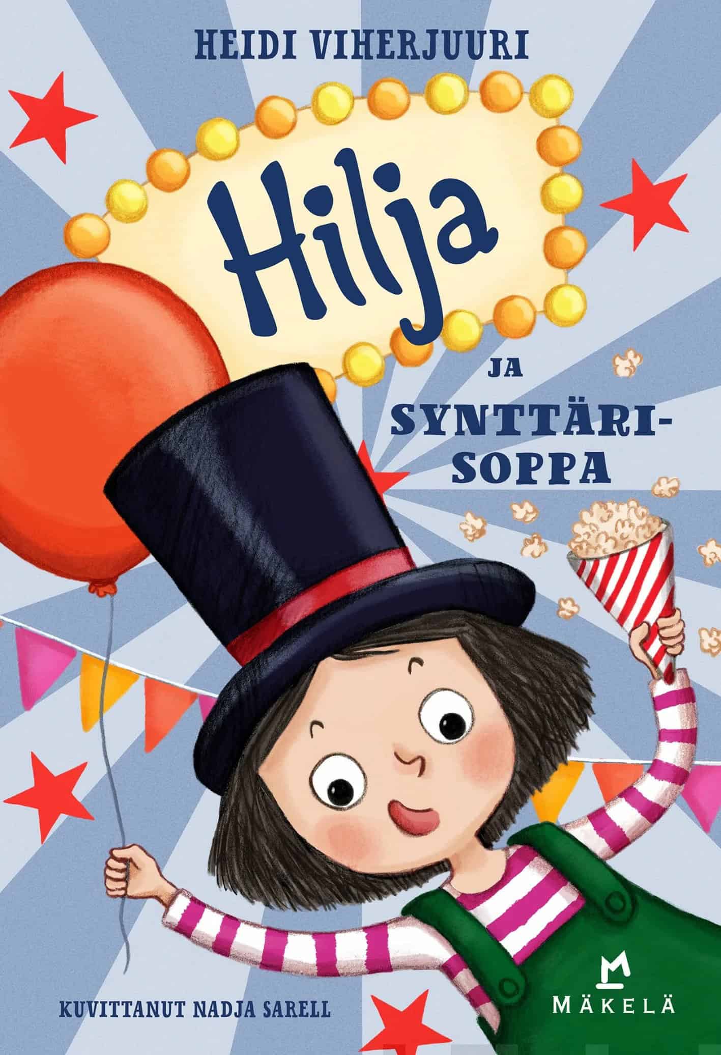 Hilja ja synttärisoppa -kirjan kannessa on piirros Hiljasta pukeutuneena korkeaan mustaan silinterihattuun. Hiljan toisessa kädessä on punainen ilmapallo narun päässä ja toisessa kädessä on tötteröllinen popcornia.