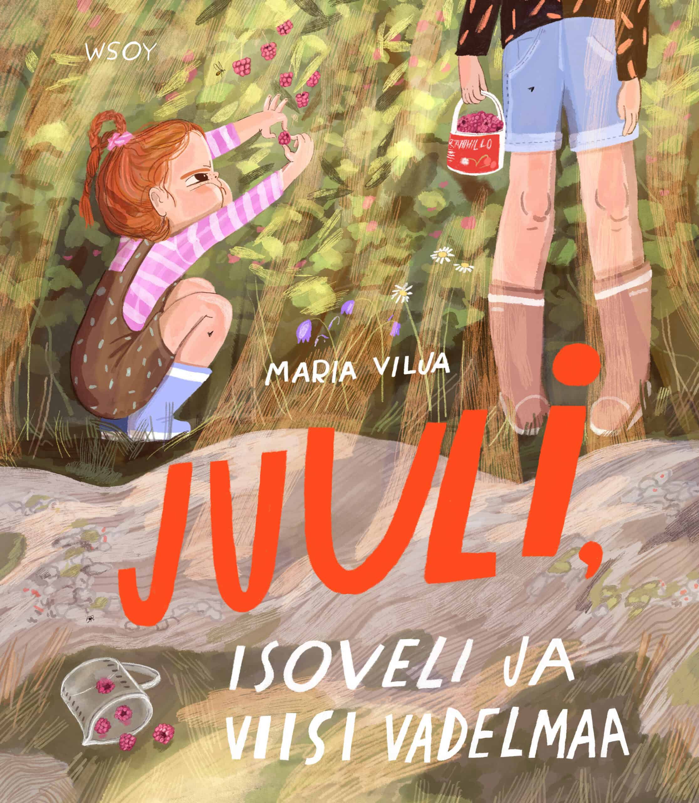 Juuli, isoveli ja viisi vadelmaa -kirjan kannessa on maalaus pikkutytöstä kyykyssä vadelmapensaan vieressä poimimassa vadelmaa huolellisesti, keskittynyt ilme kasvoillaan. Vieressä näkyy isoveljen jalat. Isoveljellä on hillopurkki täynnä vadelmia. Juulin marjakippo lojuu maassa vieressä kaatuneena ja kipossa olleet viisi vadelmaa ovat valuneet osin ulos kiposta.
