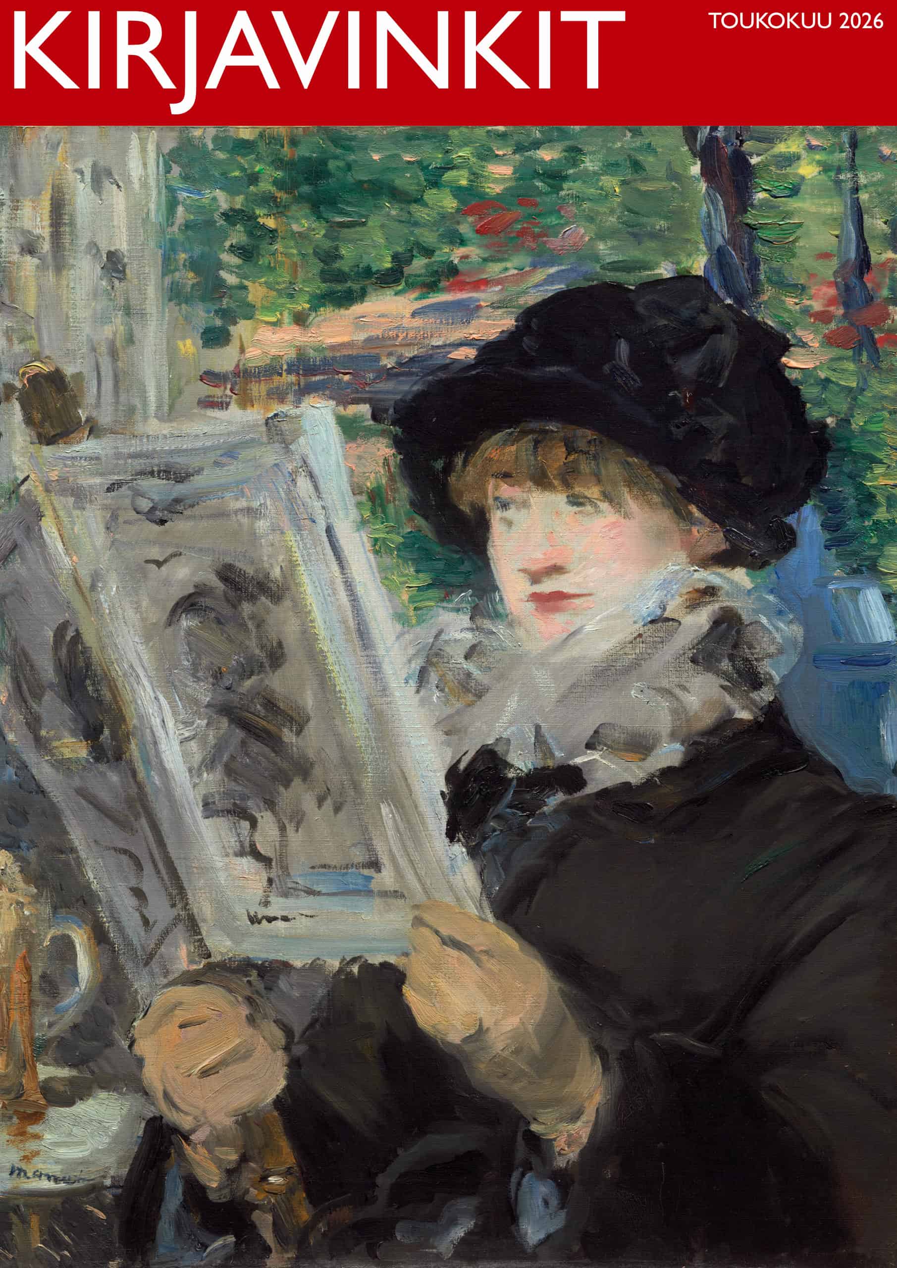 Kannessa on Édouard Manet'n maalaus Lukeva nainen, jossa mustaan hattuun pukeutunut nainen lukee edessään pitelemäänsä kirjaa tai lehteä.
