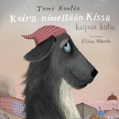 Koira nimeltään Kissa kaipaa kotia -kirjan kannessa on piirros mustasta koirasta, jolla on päässään punainen pipo. Taustalla näkyy Helsingin rakennuksia.