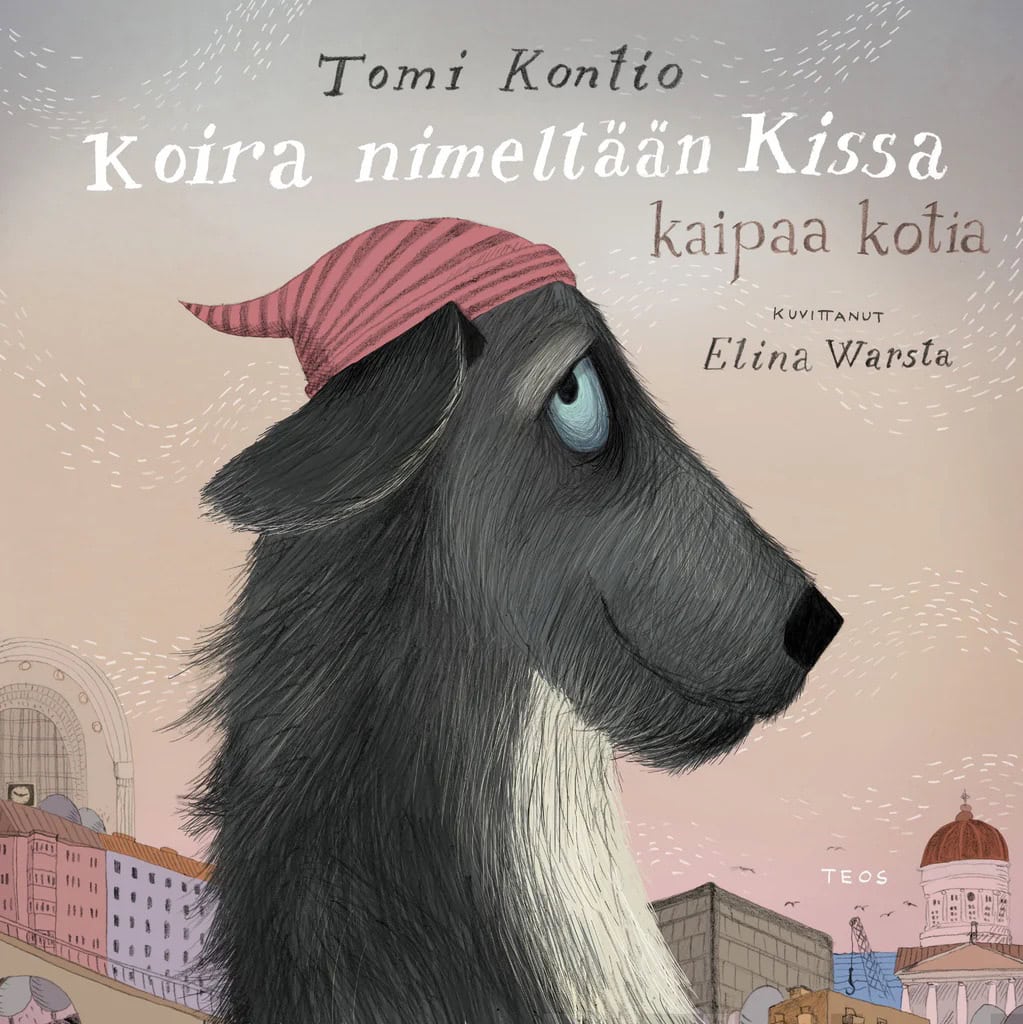 Koira nimeltään Kissa kaipaa kotia -kirjan kannessa on piirros mustasta koirasta, jolla on päässään punainen pipo. Taustalla näkyy Helsingin rakennuksia.