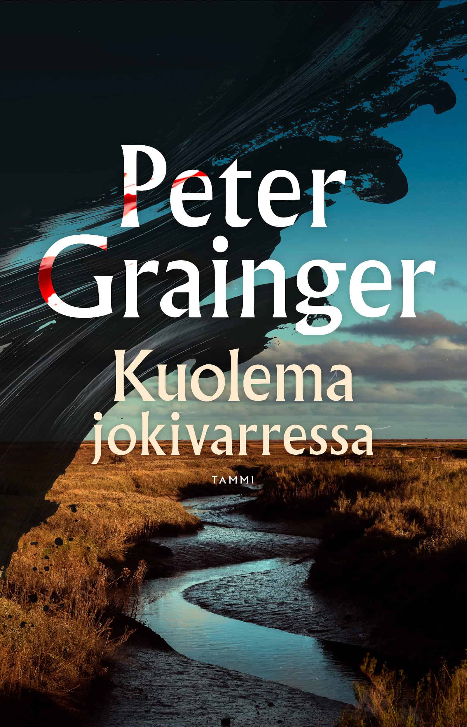 Kuolema jokivarressa -kirjan kannessa on kapea joki. Kuvan yläreuna on sotkettu mustalla maalilla ja kirjailijan nimen kirjaimissa on verirantuja.