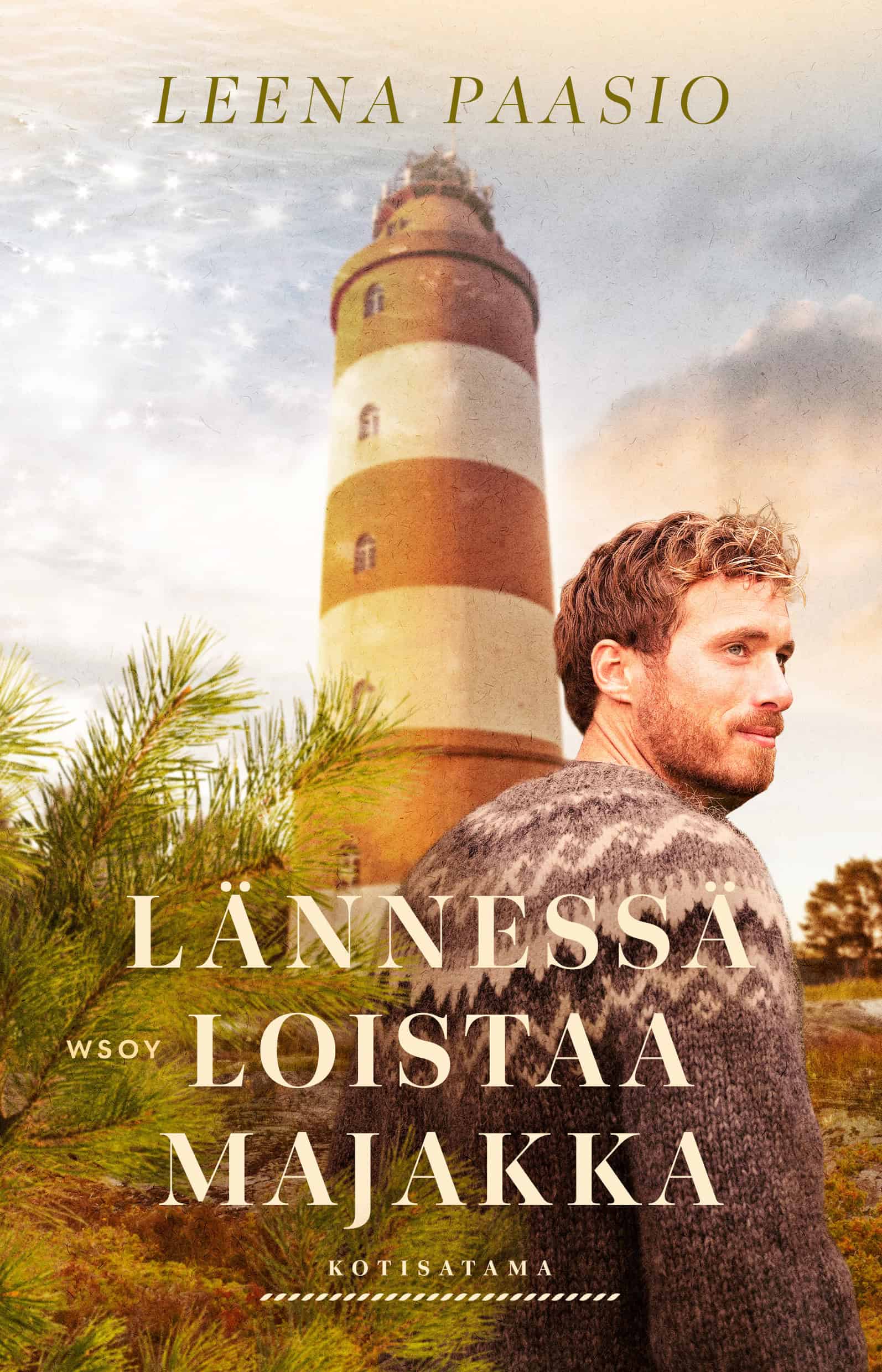 Lännessä loistaa majakka -kirjan kannessa on lämminsävyinen valokuva villapaitaan pukeutuneesta miehestä. Miehen taustalla on Isokarin majakka. Etualalla on männynoksia.