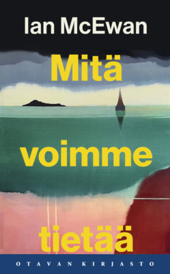 Mitä voimme tietää -kirjan kannessa on Louise Bodyn maalaus vesistöstä. Kaukana näkyy saari, ja vedestä nousee kirkon torni.