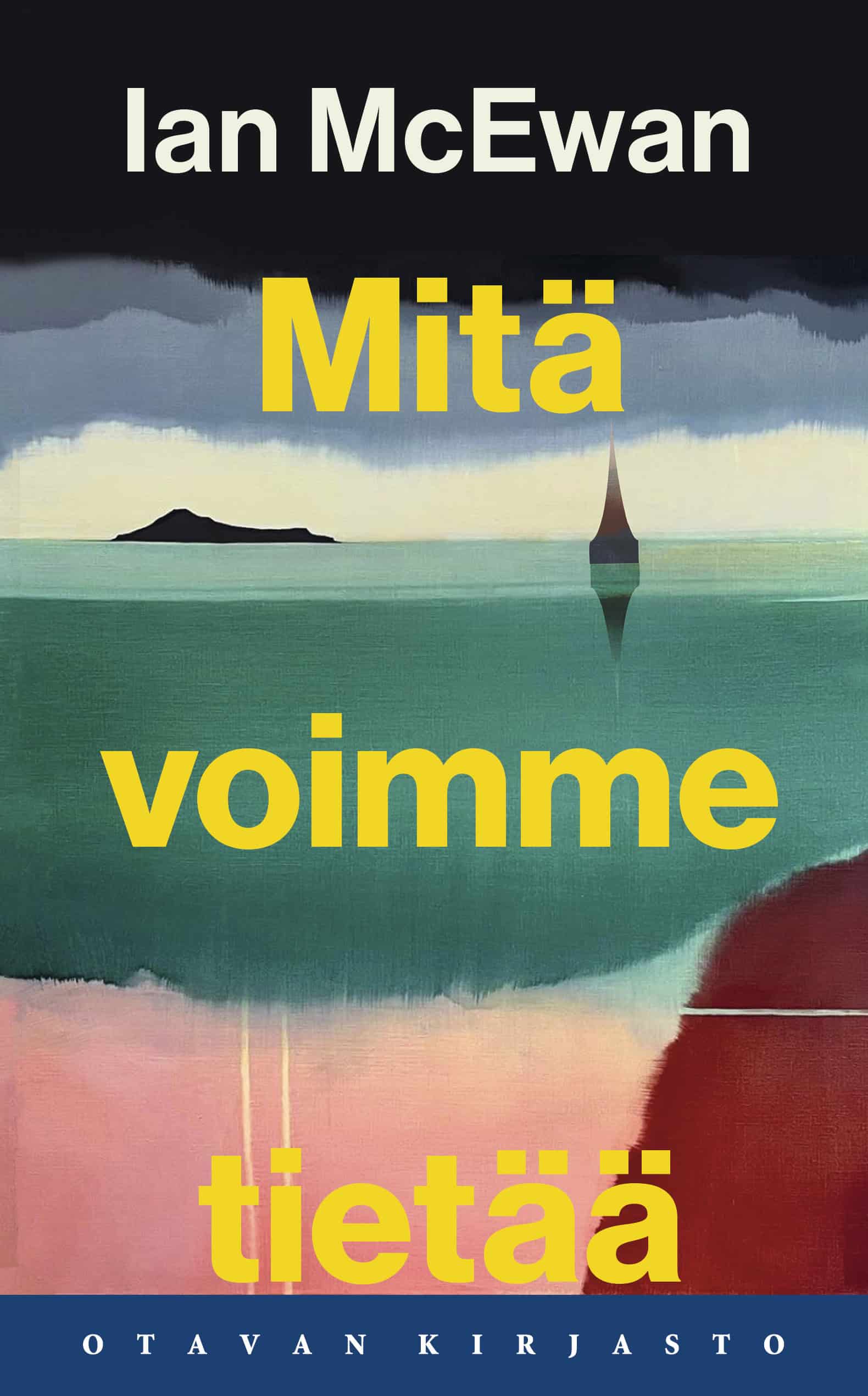 Mitä voimme tietää -kirjan kannessa on Louise Bodyn maalaus vesistöstä. Kaukana näkyy saari, ja vedestä nousee kirkon torni.