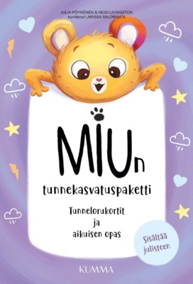 Miun tunnekasvatuspaketin kannessa on kuva Miu-liikeristä kurkistamassa valkoisen tekstilaatikon takaa.