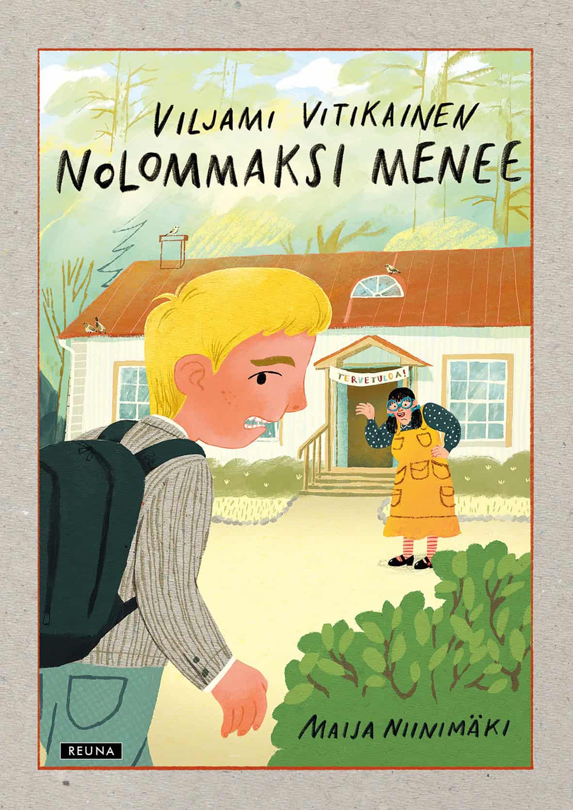 Nolommaksi menee -kirjan kannessa on piirros lapsesta reppu selässä menossa kouluun. Koulun edessä odottaa opettaja, jolla on isot siniset silmälasit ja pitkä mekko, jossa on paljon taskuja.