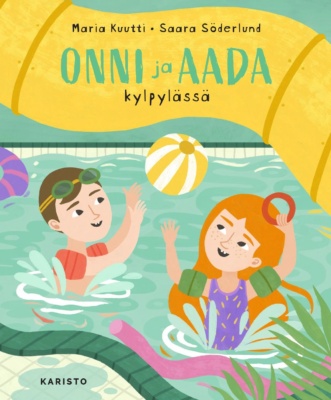 Onni ja Aada kylpylässä -kirjan kannessa Onni ja Aada ovat uima-altaassa heittelemässä rantapalloa toiselleen. Kannen yläosan poikki kulkee vesiliukumäen putki.