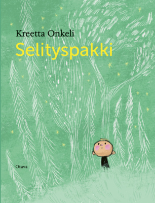 Selityspakin kannessa on vihreä piirros metsästä, jossa puut on piirretty vain vaaleilla viivoilla. Puiden edessä on pieni punaposkinen pallopäinen pikkulapsi.