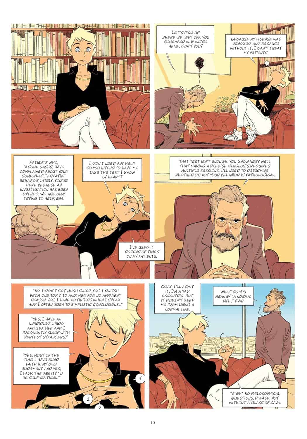 Kuusiruutuinen sarjakuvasivu kuvaa nuoren naisen ja vanhemman miehen keskustelua vastaanotolla, jossa nuori nainen puhuu psykiatrinlupansa menettämisestä.