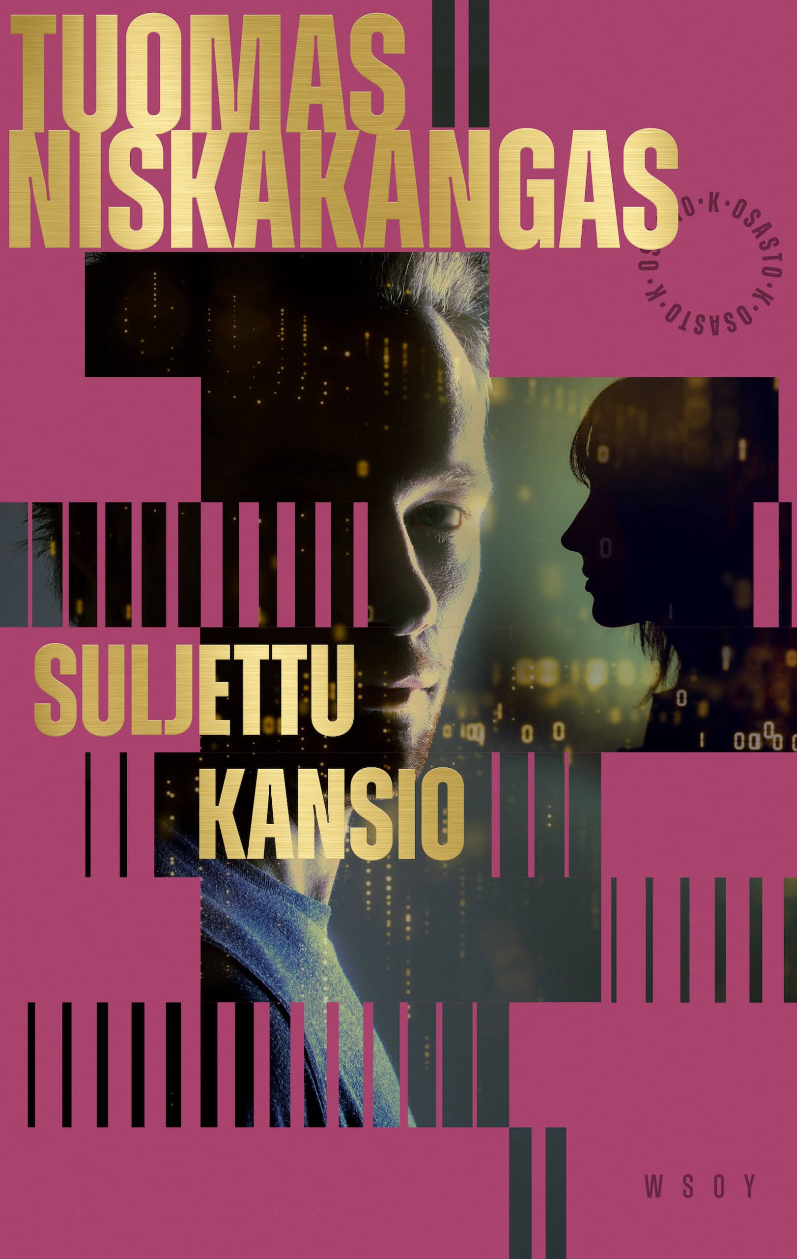 Suljettu kansio -kirjan kannessa on valokuva kameraa kohti kääntyneen miehen kasvoista, joista toinen puoli jää varjoon. Miehen vierellä näkyy pienemmällä naisen sivuprofiili. Kuvan päällä on digitaalisia nollia ja ykkösiä luomassa teknologiavaikutelmaa.