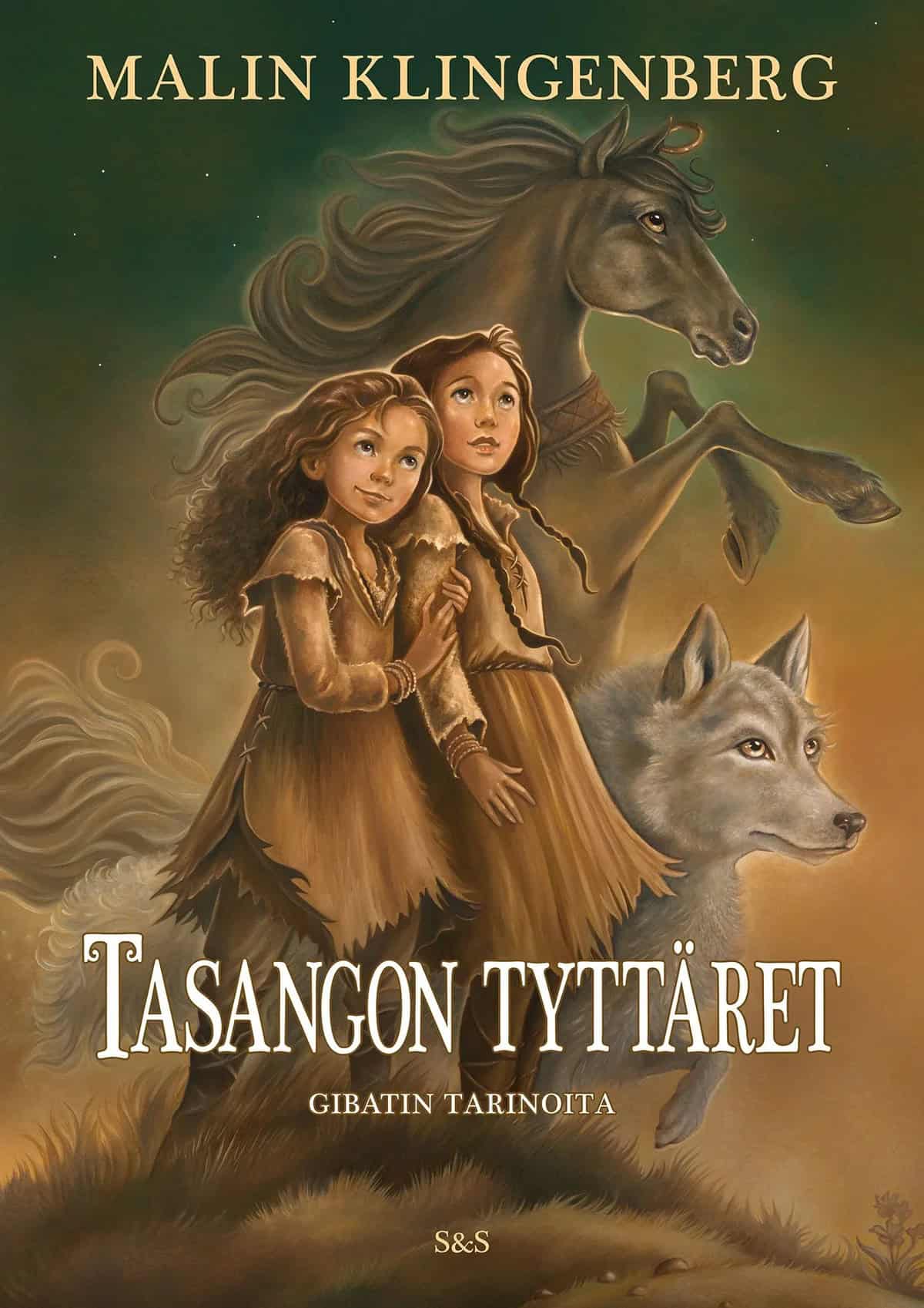 Tasangon tyttäret -kirjan kannessa on piirros kahdesta tytössä ruskeissa paimentolaiskansan asuissa, takanaan iso koira ja takajaloilleen noussut hevonen.