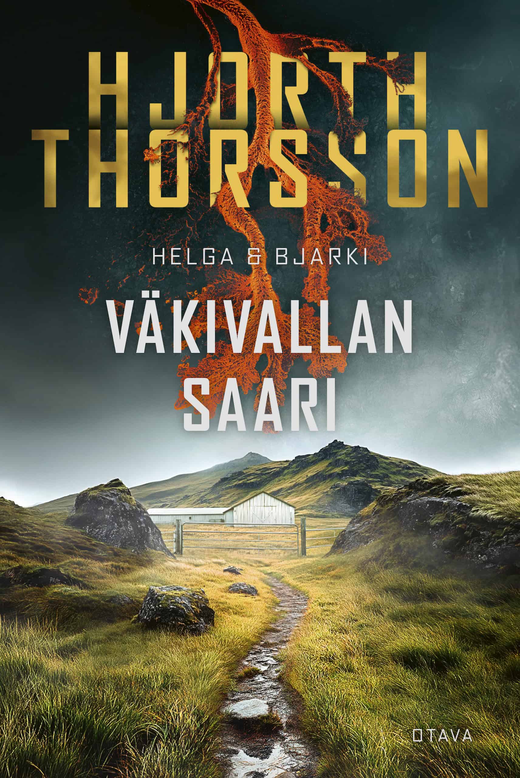 Väkivallan saari -kirjan kannessa on valokuva islantilaismaisemasta, jossa keskellä ei mitään on aidan ympäröimä iso valkoinen maatalousrakennus.