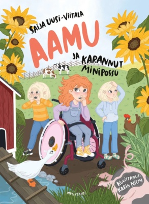 Aamu ja karannut minipossu -kirjan kannessa on kolme lasta etsiväisenä näköisenä pieneläintilalla. Yksi lapsista istuu pyörätuolissa. Taustalla näkyy lehmiä, reunoilla auringonkukkia ja etualalla hanhi ja kuvasta pois vilistävän sian takapuoli.