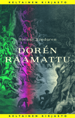 Dorén Raamatun kannessa on Dorén kuvitusta Raamattuun. Kuvan vasemmassa reunassa menee vihreä pystyraita ja sen vieressä violetti raita.