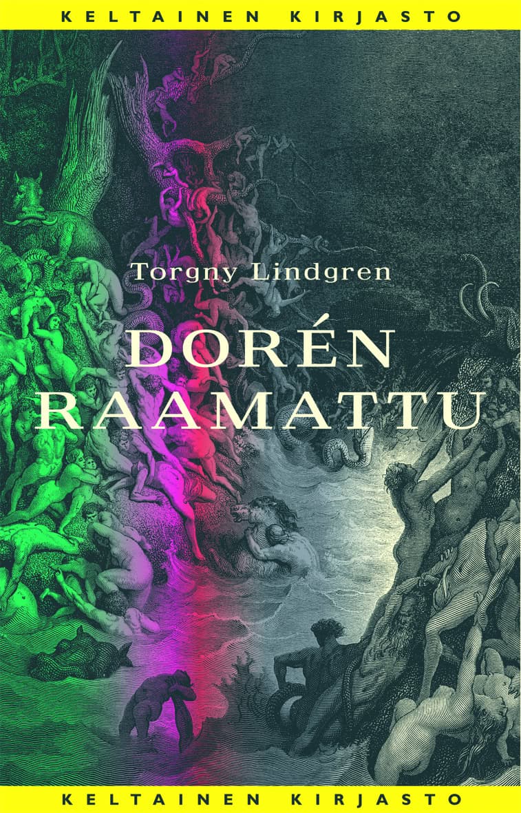 Dorén Raamatun kannessa on Dorén kuvitusta Raamattuun. Kuvan vasemmassa reunassa menee vihreä pystyraita ja sen vieressä violetti raita.