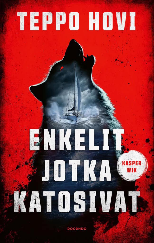 Enkelit jotka katosivat -kirjan kannessa on punaisella taustalla kuono pystyssä ulvova susi, jonka sisällä näkyy myrskyssä merta kyntävä purjevene.