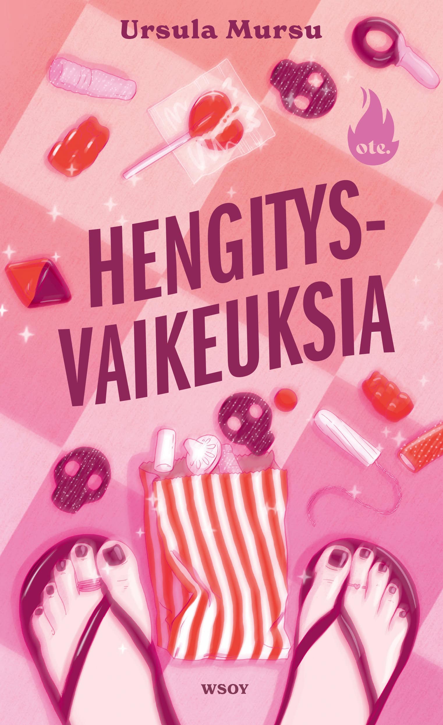 Hengitysvaikeuksia-kirjan pinkissä kannessa on piirros varvassandaaleissa olevista jaloista ja lattialle pudonneesta karkkipussista, josta on levinnyt karkkeja ympäriinsä. Lattialla on myös tamponi. Kuva on sumea.
