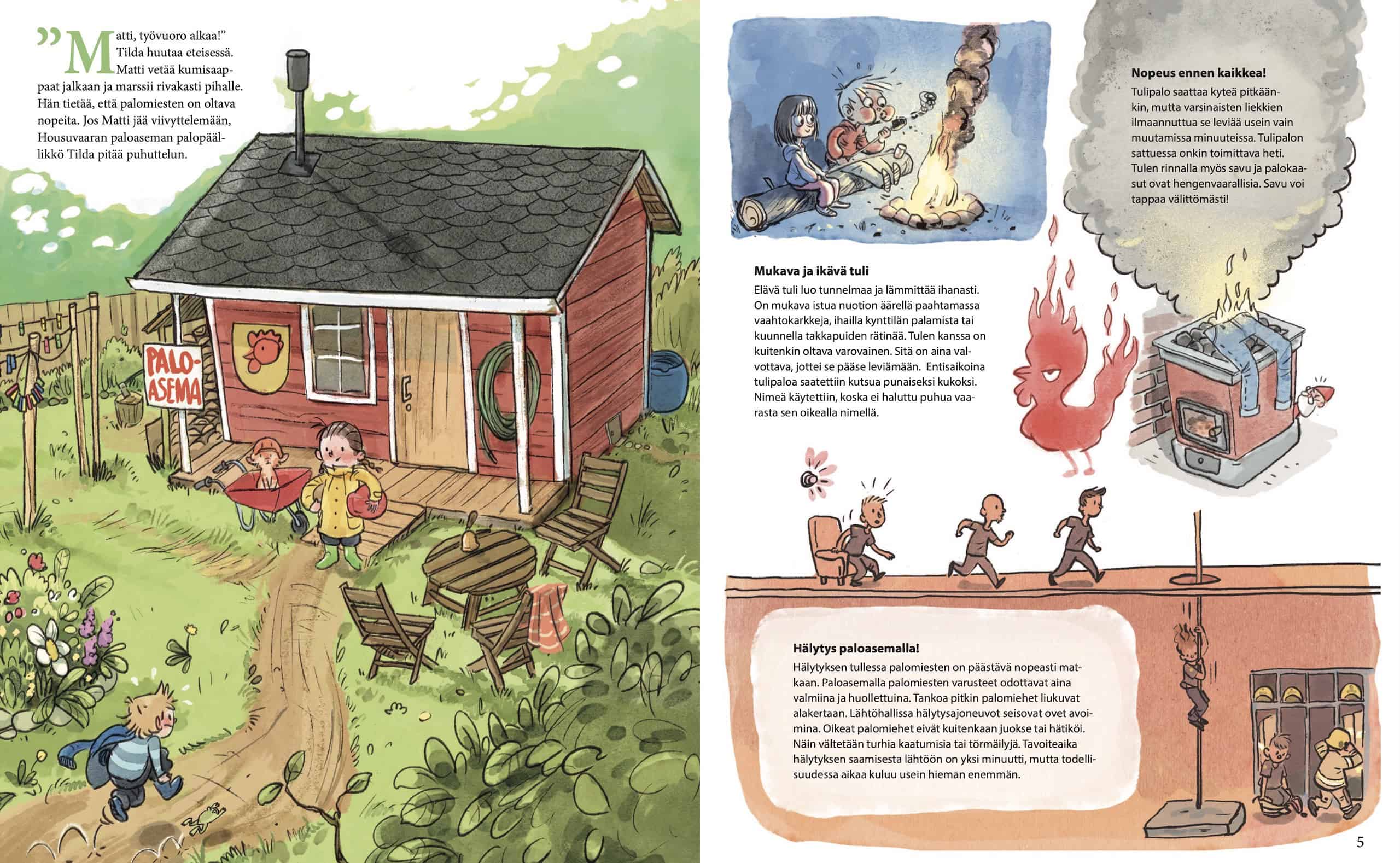Housuvaaran paloasema -kirjan aukeamalla vasemmalla sivulla on piirros Muhosten saunamökistä, jossa lasten leikkipaloasema on. Oikealla sivulla on tietoa tulesta: lapsia paistamassa vaahtokarkkeja nuotiolla, kiukaan päälle syttyneet farkut ja palopelastajia laskemassa liukutankoa alas varusteiden luokse.