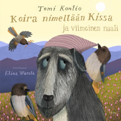 Koira nimeltään Kissa ja viimeinen naali -kirjan kannessa on piirros myssypäisestä koirasta Lapin kesässä, ympärillään kolme kuukkelia joista yksi vetää koiran myssyä.