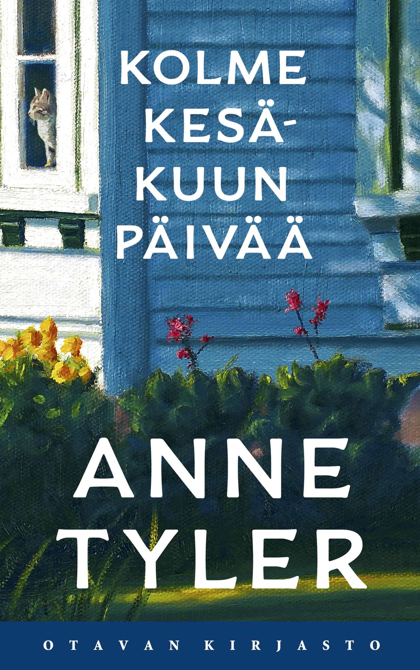 Kolme kesäkuun päivää -kirjan kannessa on maalaus talon kulmasta. Auringonpuoleinen seinä on valkoinen, varjonpuoleinen sininen. Aurinkoisella seinällä on ikkuna, jossa on kissa. Talon edustalla on kukkapenkki.