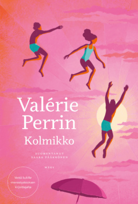 Kolmikon vaaleanpunaisessa kannessa on piirros kolmesta hyppäävästä uimapukuun pukeutuneesta nuoresta, taustallaan laskevan auringon kajo. Kuvan alareunassa näkyy päivänvarjo.