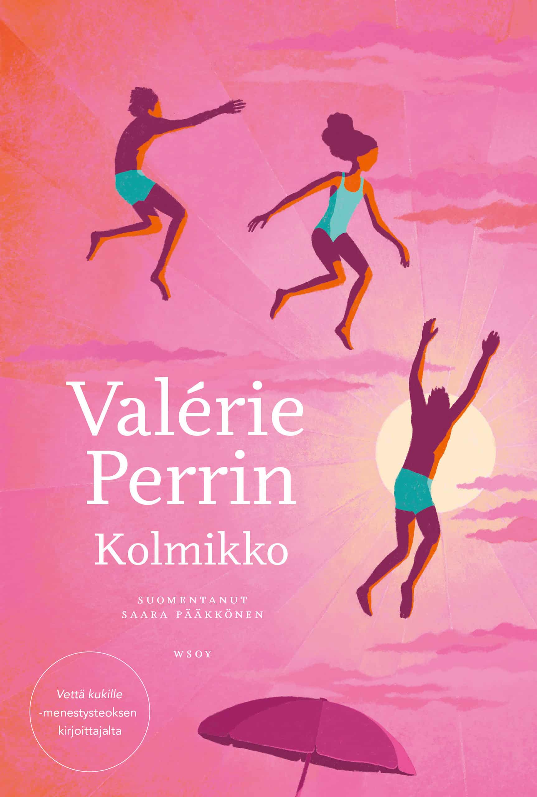 Kolmikon vaaleanpunaisessa kannessa on piirros kolmesta hyppäävästä uimapukuun pukeutuneesta nuoresta, taustallaan laskevan auringon kajo. Kuvan alareunassa näkyy päivänvarjo.