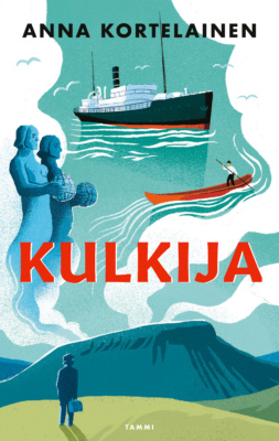 Kulkijan kannessa on piirros, jossa salkkua kantava mieshahmo katselee Saanatunturia. Kuvan yläpuolella on kaksi Helsingin rautatieaseman kivimiestä, tukkilainen pitkällä veneellä ja höyrylaiva.