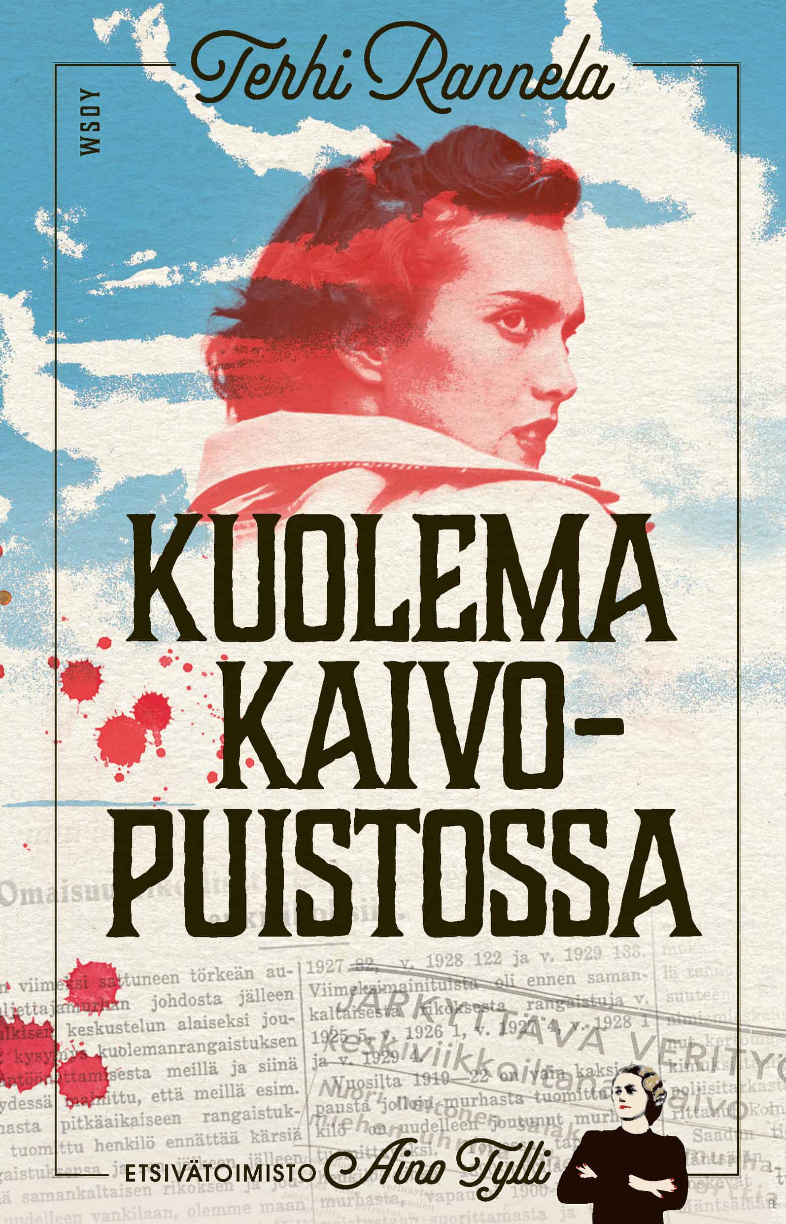 Kuolema Kaivopuistossa -kirjan kannessa on punasävyinen valokuva olkansa yli katsovan naisen päästä sinivalkoista pilvistä taivasta vasten. Alla on haaleasti näkyviä vanhoja lehtileikkeitä rikoksista ja veritahroja.