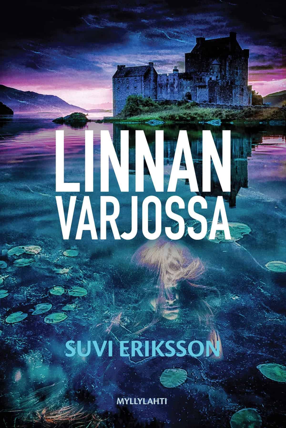 Linnan varjossa -kirjan kannessa on sinisen ja violetin sävyinne kuva linnasta järven rannalla. Vedessä näkyy lumpeenlehtiä ja epämääräinen naisen hahmo.