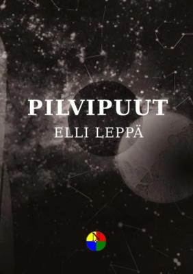 Pilvipuut-kirjan kannessa on mustalla taustalla harmaa planeetta, viivoin merkittyjä tähtikuvioita ja tumma ympyrän varjo.