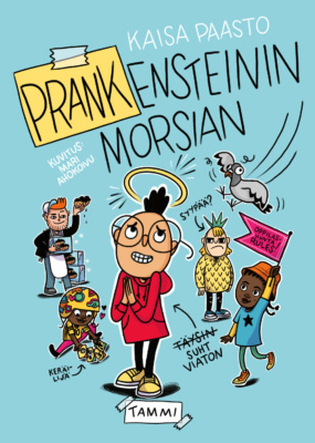 Prankensteinin morsiamen kannessa Elmeri esiintyy sädekehä päänsä päällä. Ympärillä on muita kirjan hahmoja ja pölhön näköinen pulu.