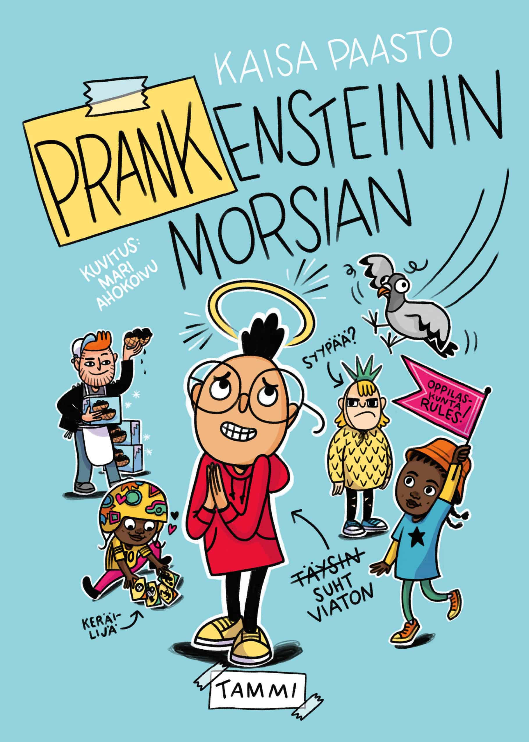 Prankensteinin morsiamen kannessa Elmeri esiintyy sädekehä päänsä päällä. Ympärillä on muita kirjan hahmoja ja pölhön näköinen pulu.