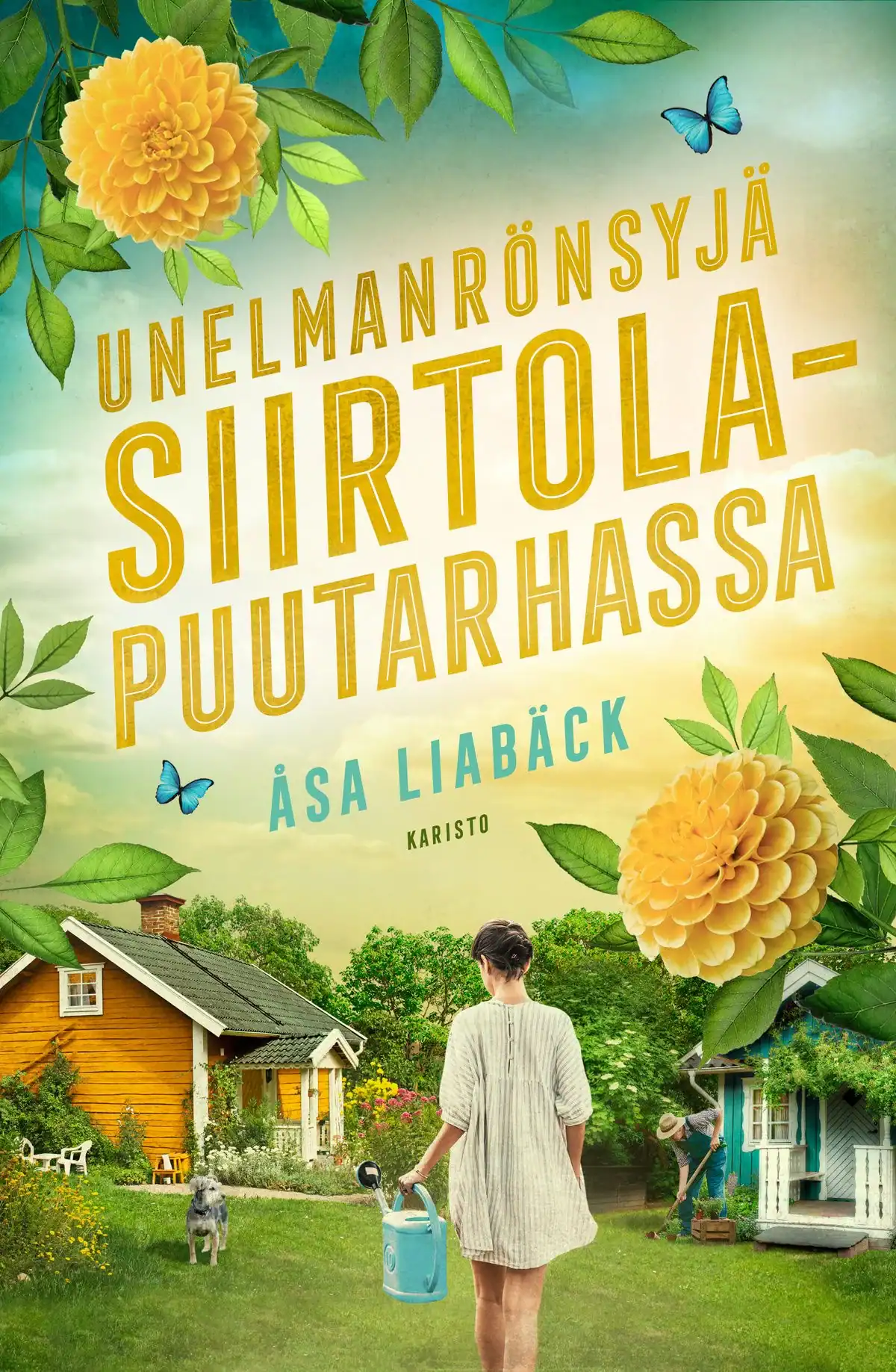 Valkoiseen mekkoon pukeutunut nainen kantaa kastelukannua keltaista siirtolapuutarhamökkiä kohti.