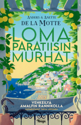 Vehkeilyä Amalfin rannikolla -kirjan kannessa on piirrosta sitruunoiden ympäröimästä ikkunasta, josta on näkymä Amalfin rannalle ja rinteeseen kiipeäviin taloihin. Kuvan alareunassa kiemurtelee käärme.