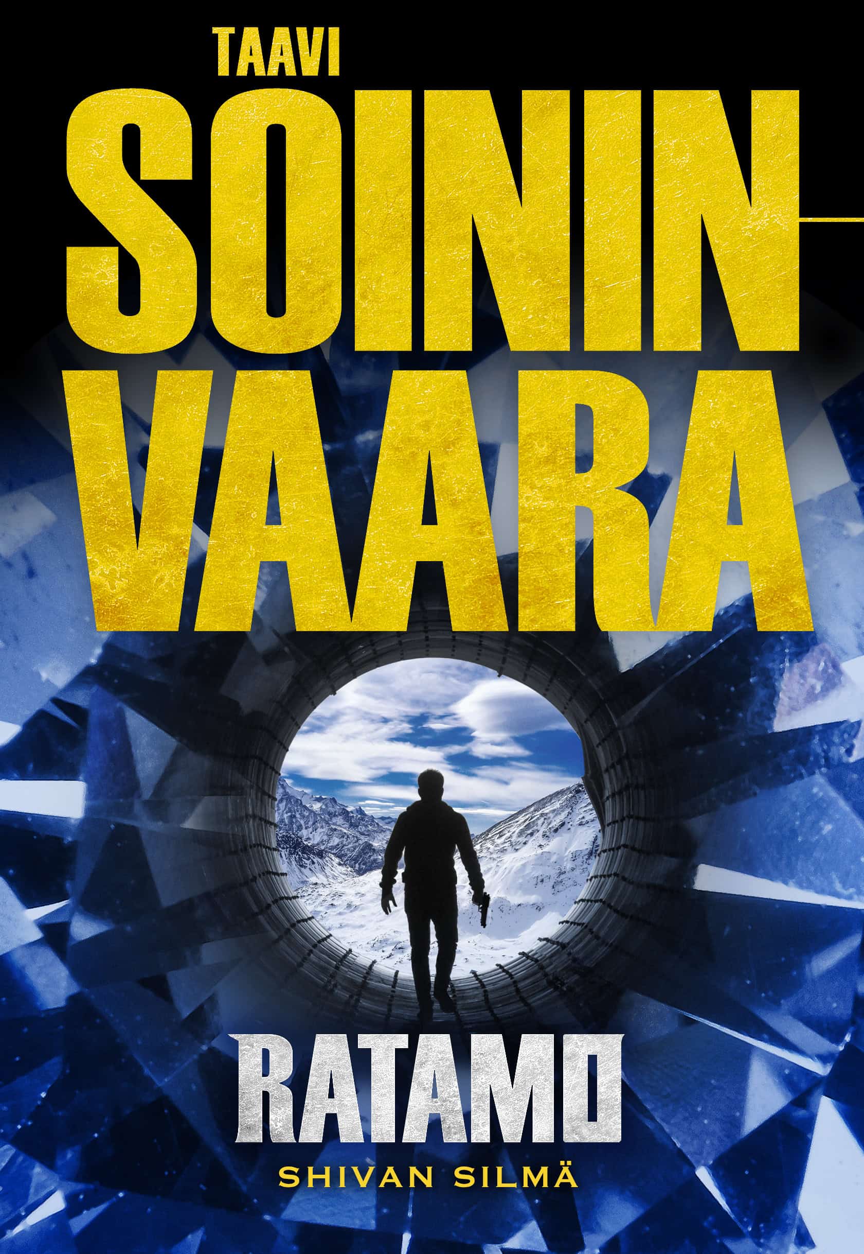 Shivan silmän kannessa on pistoolia pitelevän miehen siluetti pyöreän putken keskellä, taustallaan lumisia vuoria.