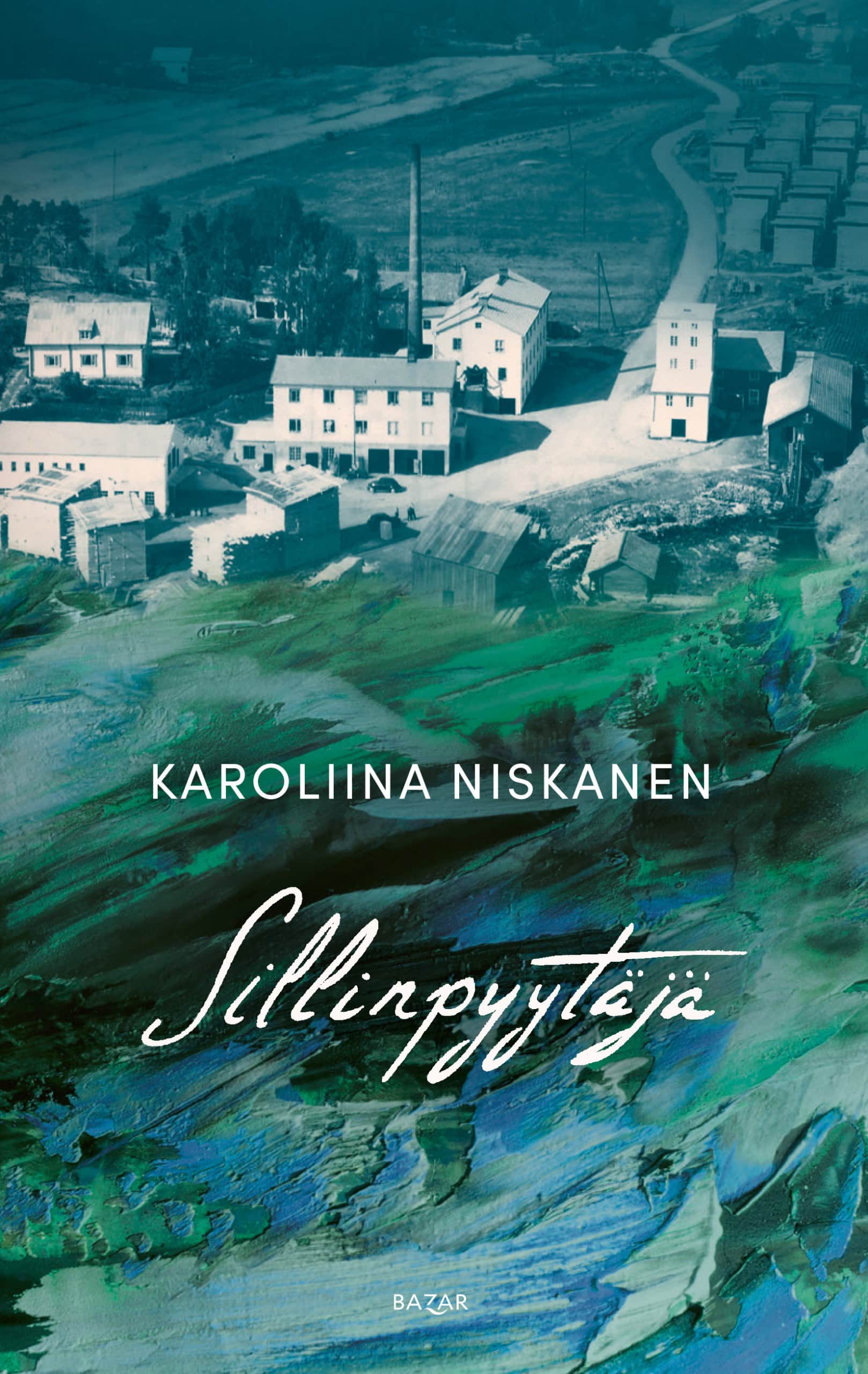 Sillinpyytäjän kannessa on yläreunassa sinisävyinen ilmavalokuva vanhoista tehdasrakennuksista. Alareunassa on vihreän ja sinisen sävyistä öljyvärimaalausta, jossa voi nähdä meren aaltoja.