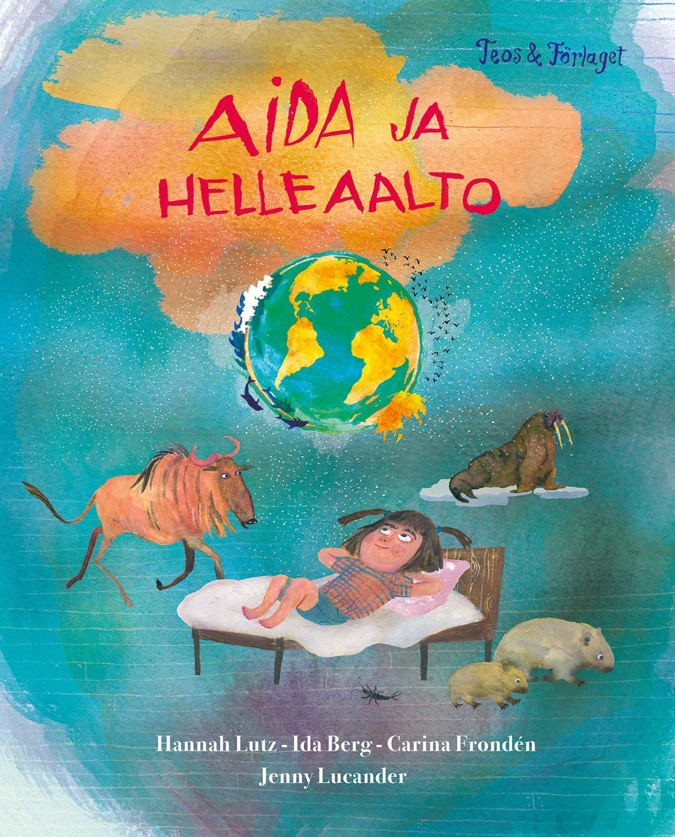 Aida ja helleaalto -kirjan kannessa on piirros sängyssä silmät auki ja kädet niskan takana makailevasta tytöstä, jonka yläpuolella leijuu maapallo. Vieressä on gnuu, mursu ja pari vompattia.