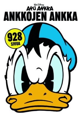 Ankkojen Ankka -kirjan kannessa on piirros Aku Ankan kasvoista katsomassa tuimana suoraan kohti lukijaa.