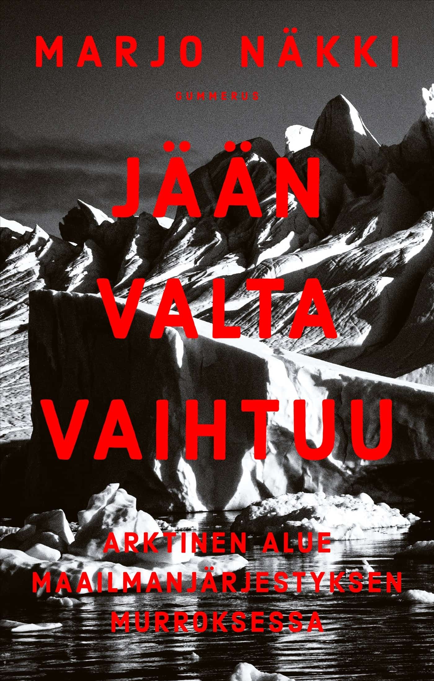 Jään valta vaihtuu -kirjan kannessa on dramaattinen mustavalkoinen kuva jäävuorista. Kuvan päällä on kirjan nimi isoin punaisin kirjaimin.
