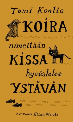 Koira nimeltään Kissa hyvästelee ystävän -kirjan keltaisessa kannessa ovat Kissa, Koira ja tyhjät kengät. Kaikkien perässä ovat niiden jättämät jäljet.