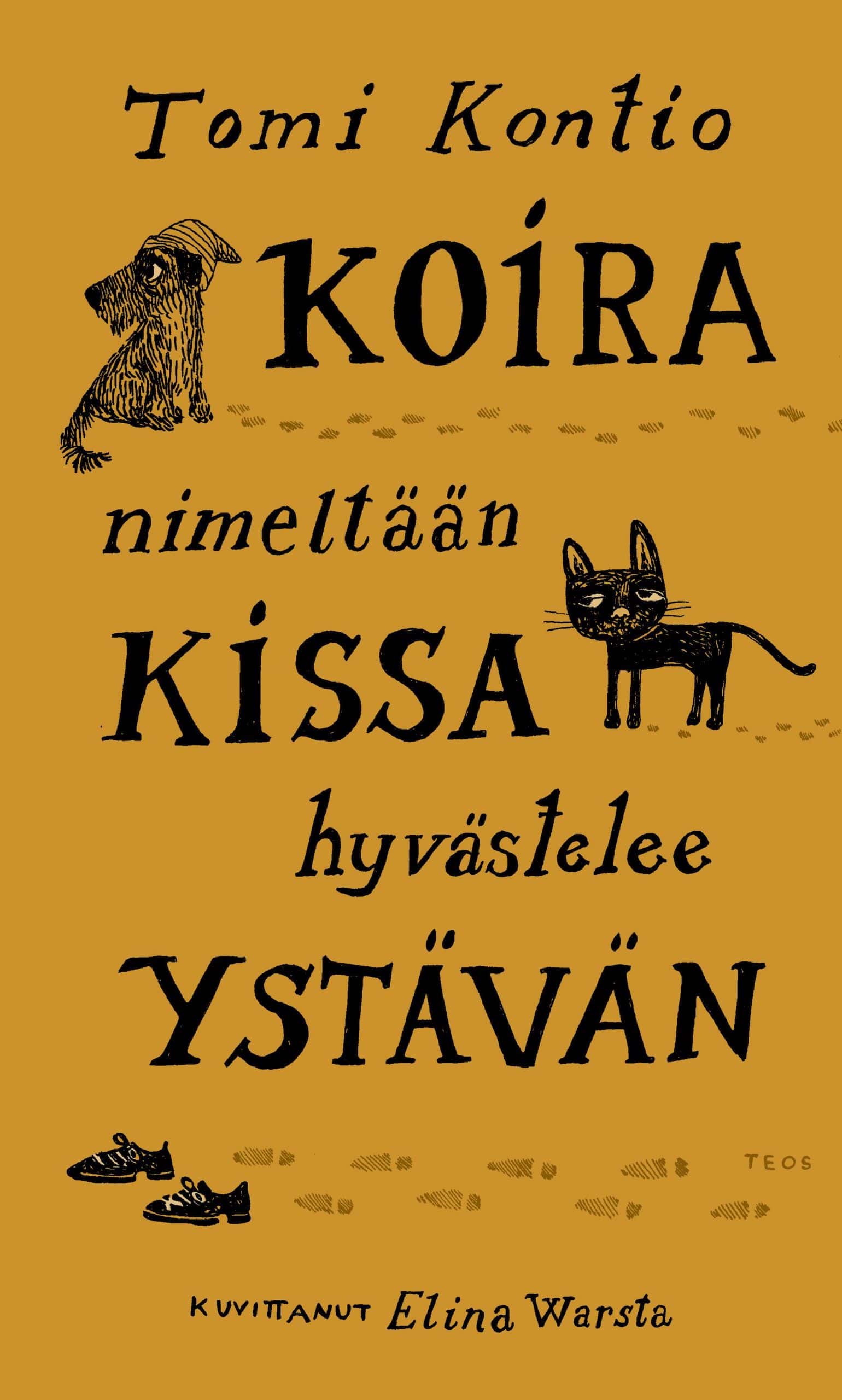 Koira nimeltään Kissa hyvästelee ystävän -kirjan keltaisessa kannessa ovat Kissa, Koira ja tyhjät kengät. Kaikkien perässä ovat niiden jättämät jäljet.