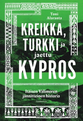 Kreikka, Turkki ja jaettu Kypros -kirjan kannessa on vihreäksi värjättyjä mustavalkokuvia Kyproksesta. Kuvien päällä on valkoinen koristeellinen kehys, jonka sisällä kirjan nimi on.