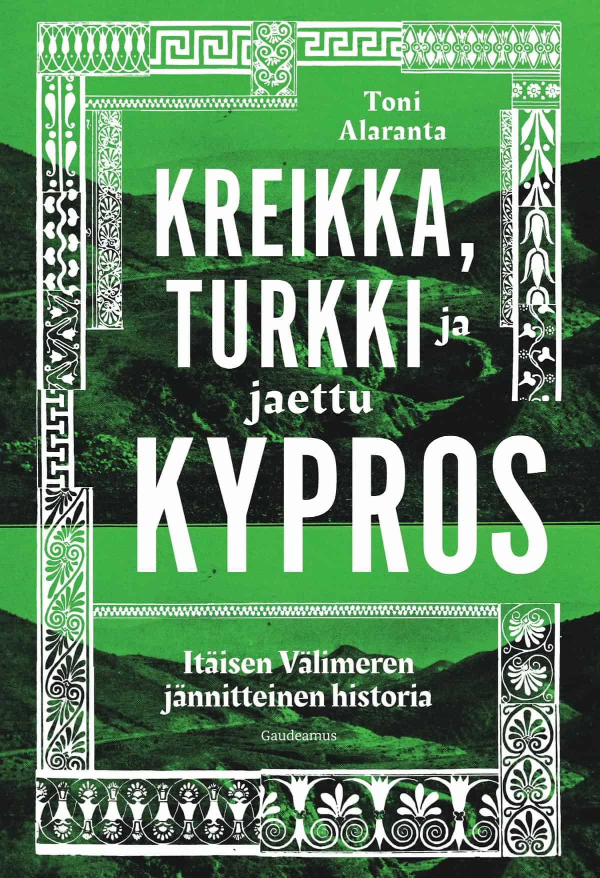 Kreikka, Turkki ja jaettu Kypros -kirjan kannessa on vihreäksi värjättyjä mustavalkokuvia Kyproksesta. Kuvien päällä on valkoinen koristeellinen kehys, jonka sisällä kirjan nimi on.