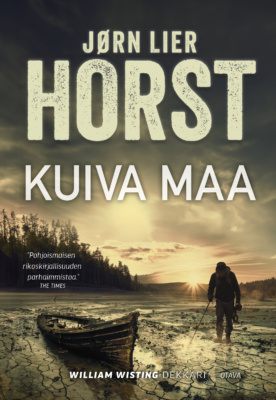 Kuiva maa -kirjan kannessa on keltaisen sävyinen valokuva kuivuneesta järvestä, jossa on vanha, huonokuntoinen puinen soutuvene ja metallinpaljastajan kanssa kulkeva mies.