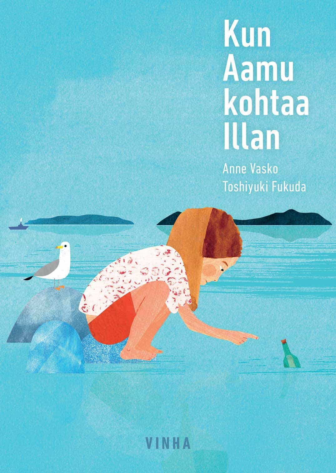 Kun Aamu kohtaa Illan -kirjan kannessa on piirros rantakivelle kyykistyneestä tytöstä, joka lähettää pullopostia merelle. Kivellä tytön takana istuu lokki.